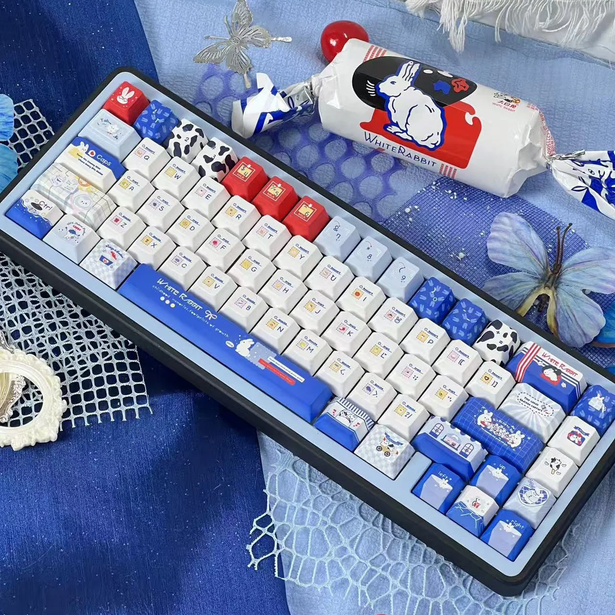 Close-up of Milk Rabbit Candy PBT custom keycaps, showcasing pastel pink and cream colors with whimsical candy designs.