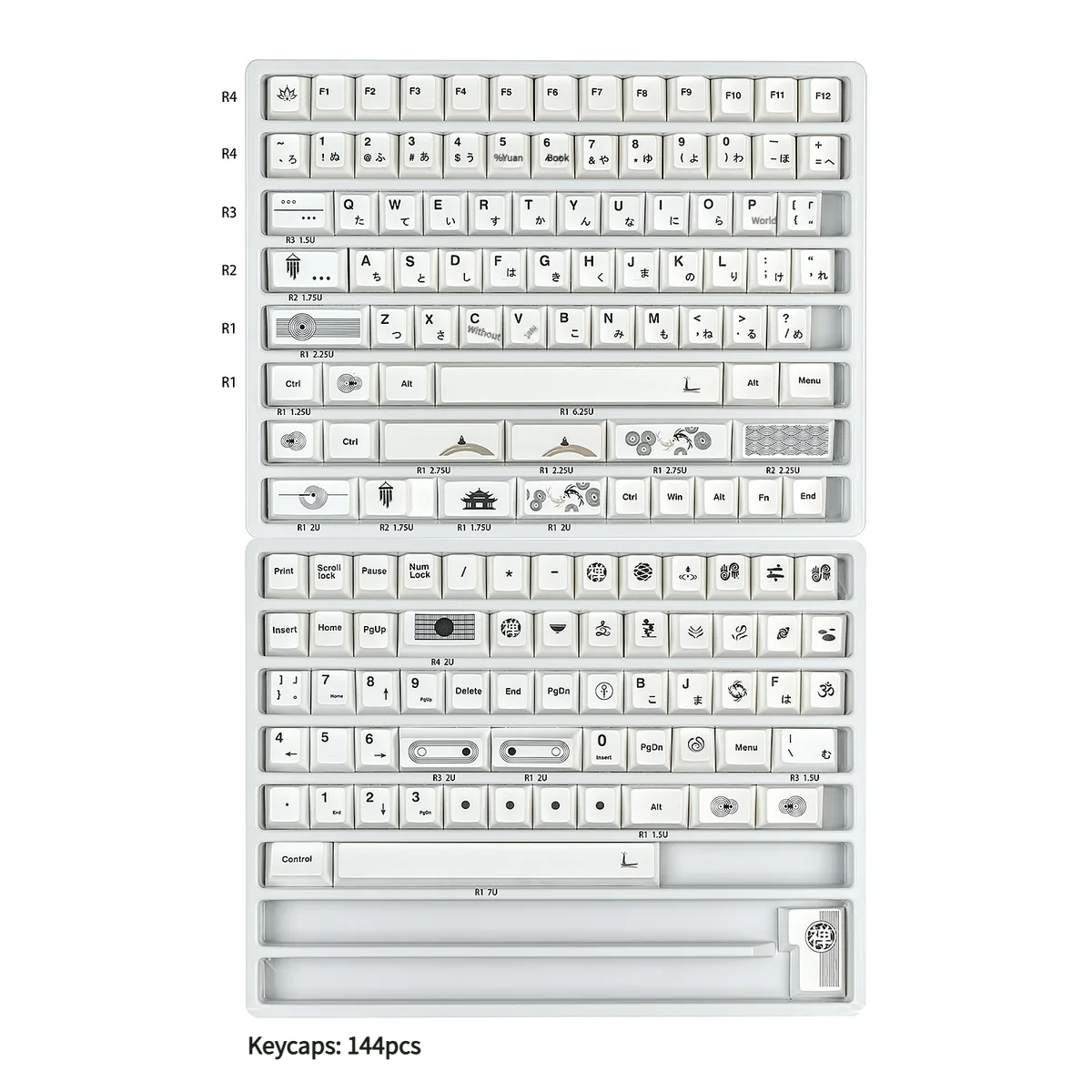 Subtle Multi-Tone White Zen PBT Keycaps set, showcasing its clean lines and harmonious multi-tonal design from various angles.