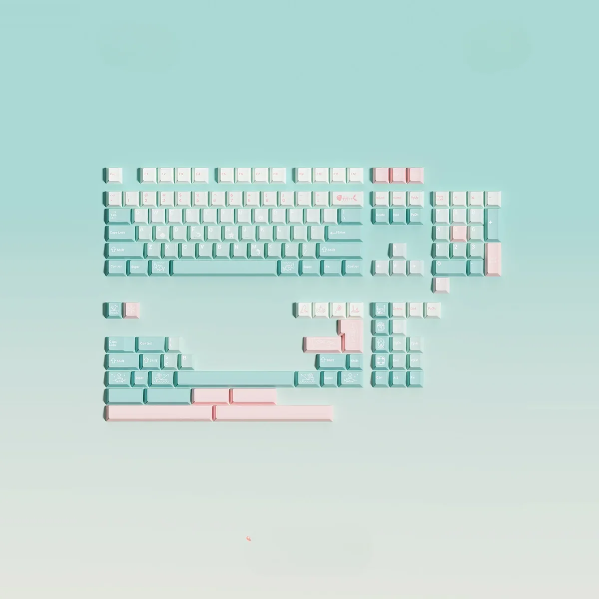 Side view of custom Winter Angler keycaps, revealing the profile and the high-quality dye-sublimated graphics.