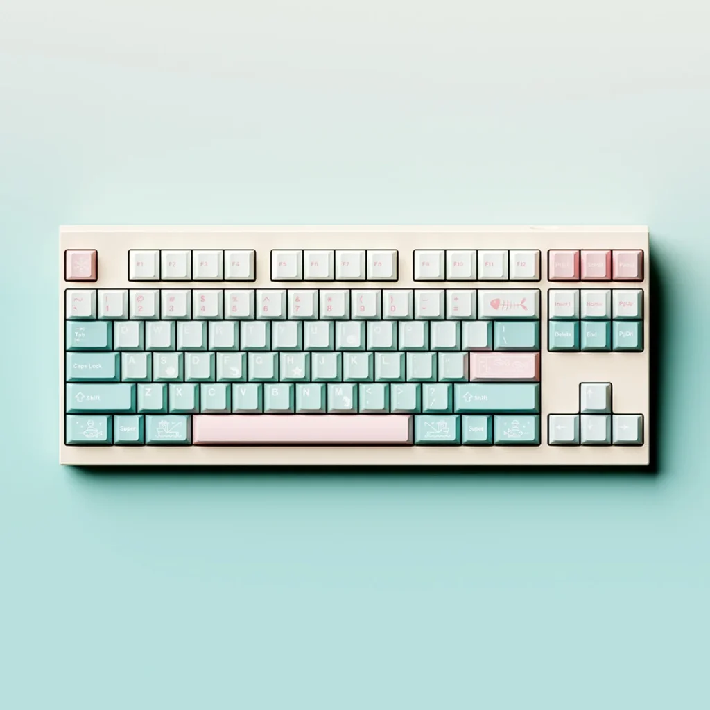 Custom mechanical keyboard keycaps set, Winter Angler theme, featuring unique tiffany blue and white dye-sublimated designs.
