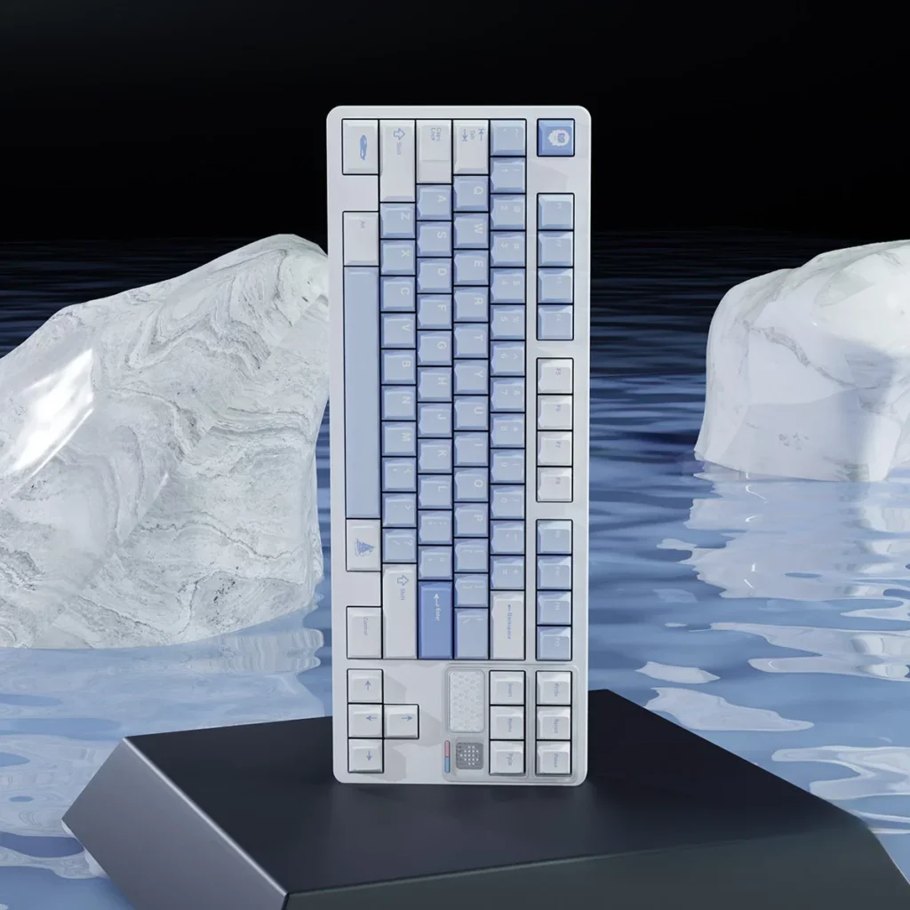 Mechanical keyboard custom keycaps, Winter Frost PBT, showcasing multiple angles of frosty blue, white Cherry profile caps.