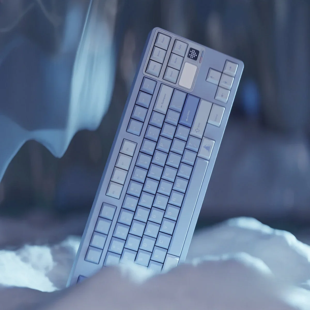 Premium PBT keycaps for mechanical keyboards, Winter Frost theme, highlighting durable Cherry profile and cool gray, blue, white colors.