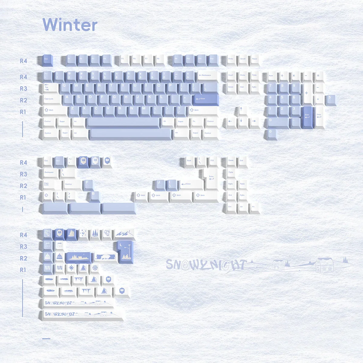 Unique PBT custom keycaps, Winter Frost edition, displayed from various angles to show durable material and serene cool-tone aesthetic.