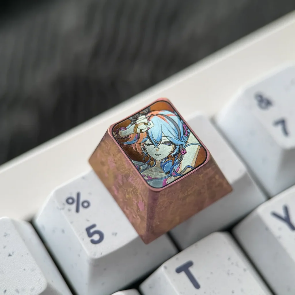 Handcrafted titanium gaming accessory with Wuthering Waves Camellya motif, showing its lustrous detail.