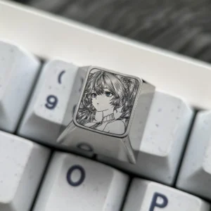 A stunning Iuno Wuthering Waves ESC keycap, precision-carved from iridescent titanium, showcasing intricate futuristic character art.