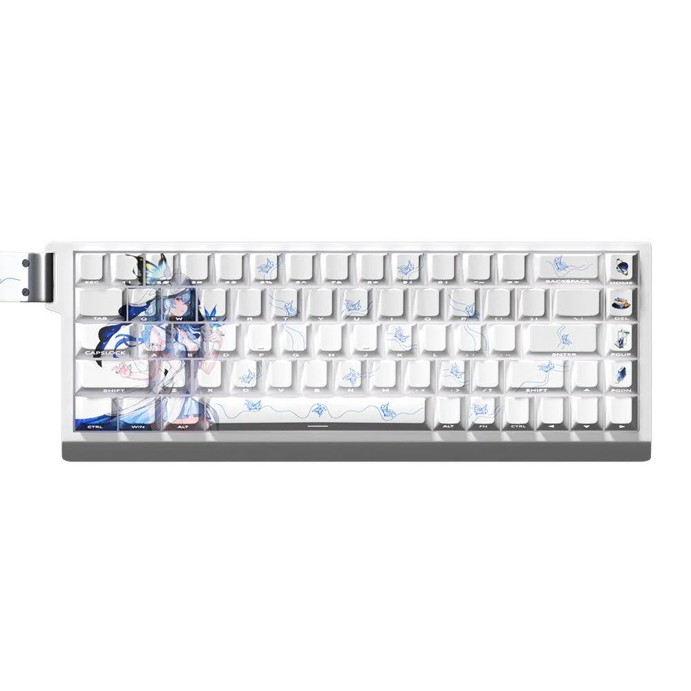 Wuthering Waves Shorekeeper PBT keycap set, a close-up revealing its luminous side-printed, shine-through legends. A dark sci-fi guardian aesthetic.