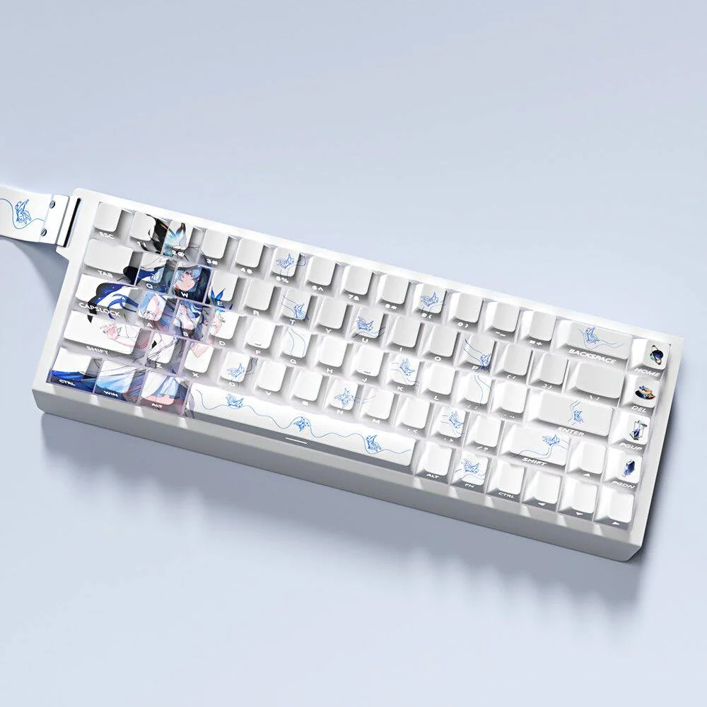 Wuthering Waves Shorekeeper side-print PBT keycaps set displayed from various perspectives, emphasizing the crisp shine-through legends and dark guardian.