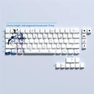Wuthering Waves Shorekeeper 74-key PBT keycap set, featuring side-printed, shine-through legends in a dark, sci-fi guardian style for 60/68 keyboards.