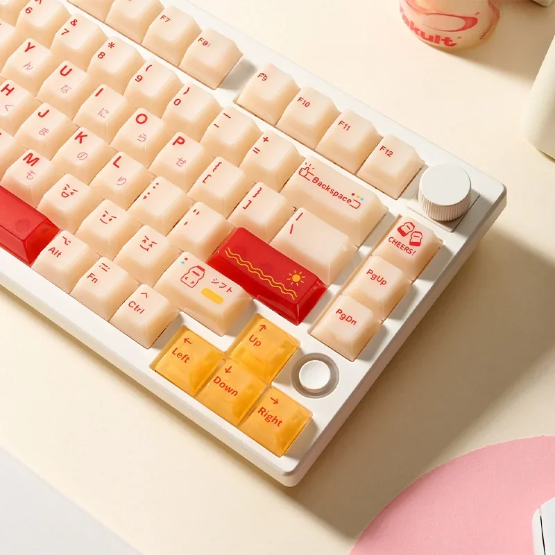 Playful Yakult keycap set gallery showcasing its whimsical bottle design, warm red beige hues, and unique artisan craftsmanship from various angles.