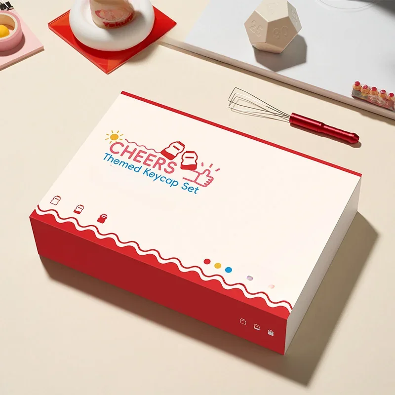 Playful Yakult artisan keycap set, nostalgic desk art, showcasing its whimsical bottle design and warm red beige tones from multiple perspectives.