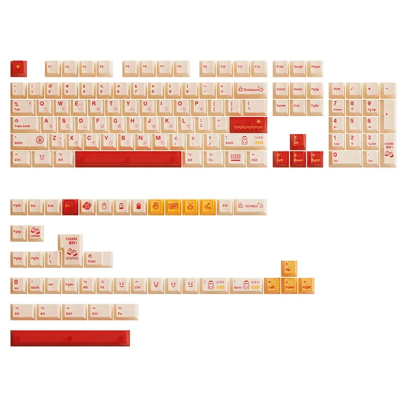 Playful Yakult keycap set shown from multiple angles, highlighting its whimsical bottle design and warm red beige tones. A unique, nostalgic artisan desk.
