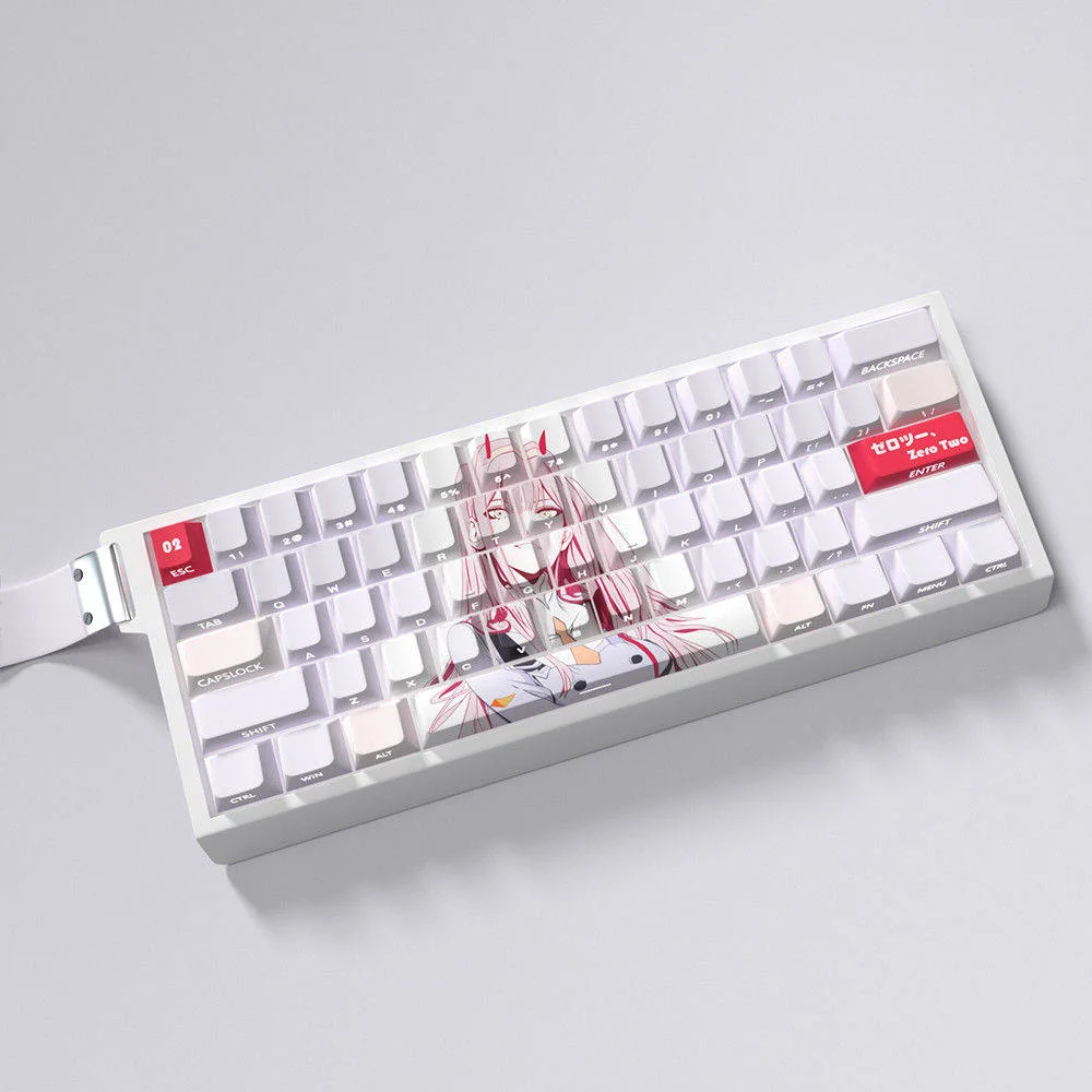 Full view of the iconic Zero Two side-printed PBT keycaps set, showcasing their vibrant pink/red hues and brilliant backlit legends from a striking design.