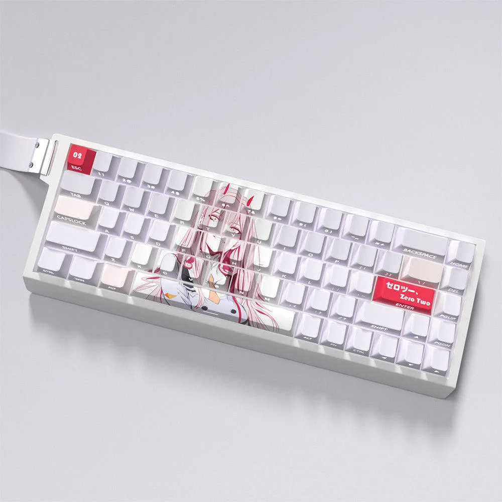 A gallery of iconic Zero Two side-printed backlit PBT keycaps set, showcasing their vibrant pink and red hues and glowing legends from multiple premium artistic.