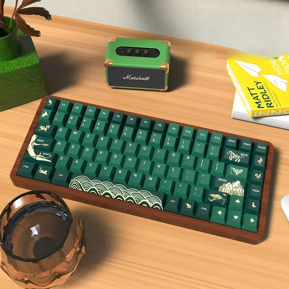 Animal Crossing PBT Keycap Set on a mechanical keyboard, showing green and earthy tones.