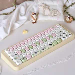 Full Apple Cat PBT Dye-Sub Keycap Set on a white mechanical keyboard, showcasing whimsical apple and cat designs.