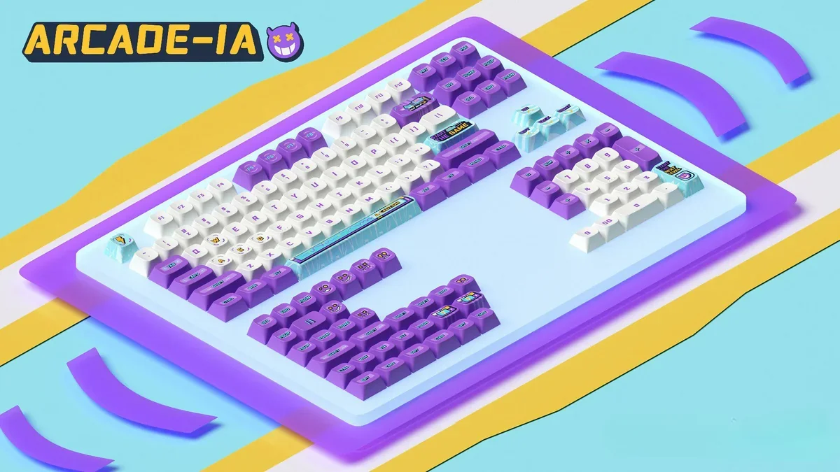 Side view of Arcade-IA keycap set installed, showcasing Cherry profile and retro theme