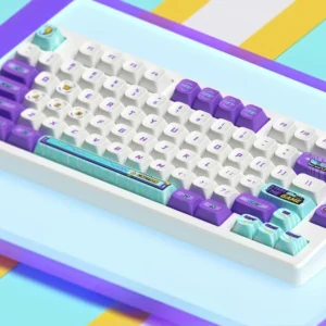 Arcade-IA PBT Keycap Set on mechanical keyboard, top-down view showing retro pixel art designs