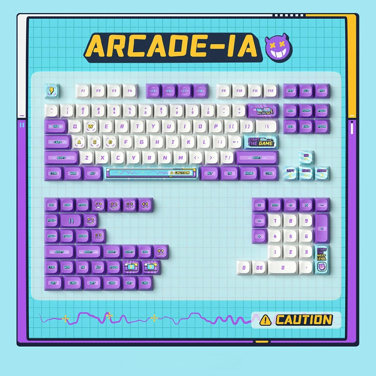 Detail shot of Arcade-IA spacebar and modifier keys with vivid retro arcade designs