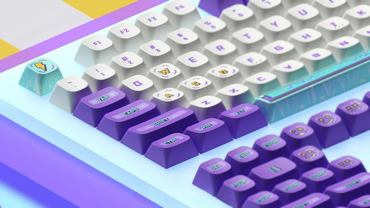 Arcade-IA PBT keycaps featuring iconic gaming elements like joysticks and coin slots