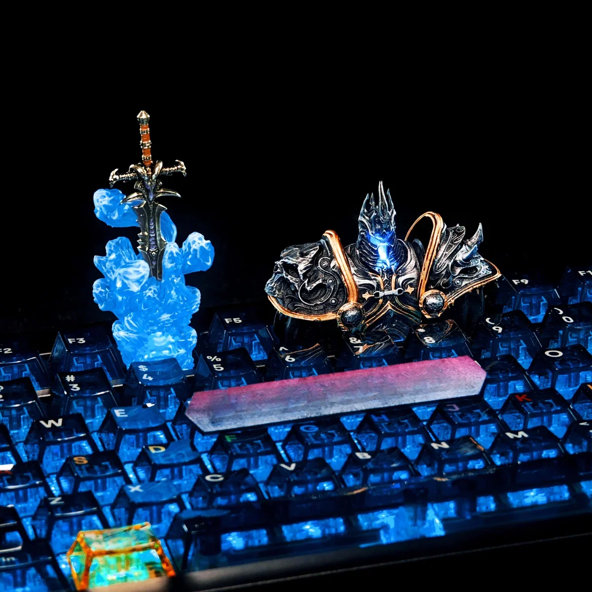 World of Warcraft Arthas Menethil keycap installed on a gaming keyboard, enhancing the setup's aesthetic.