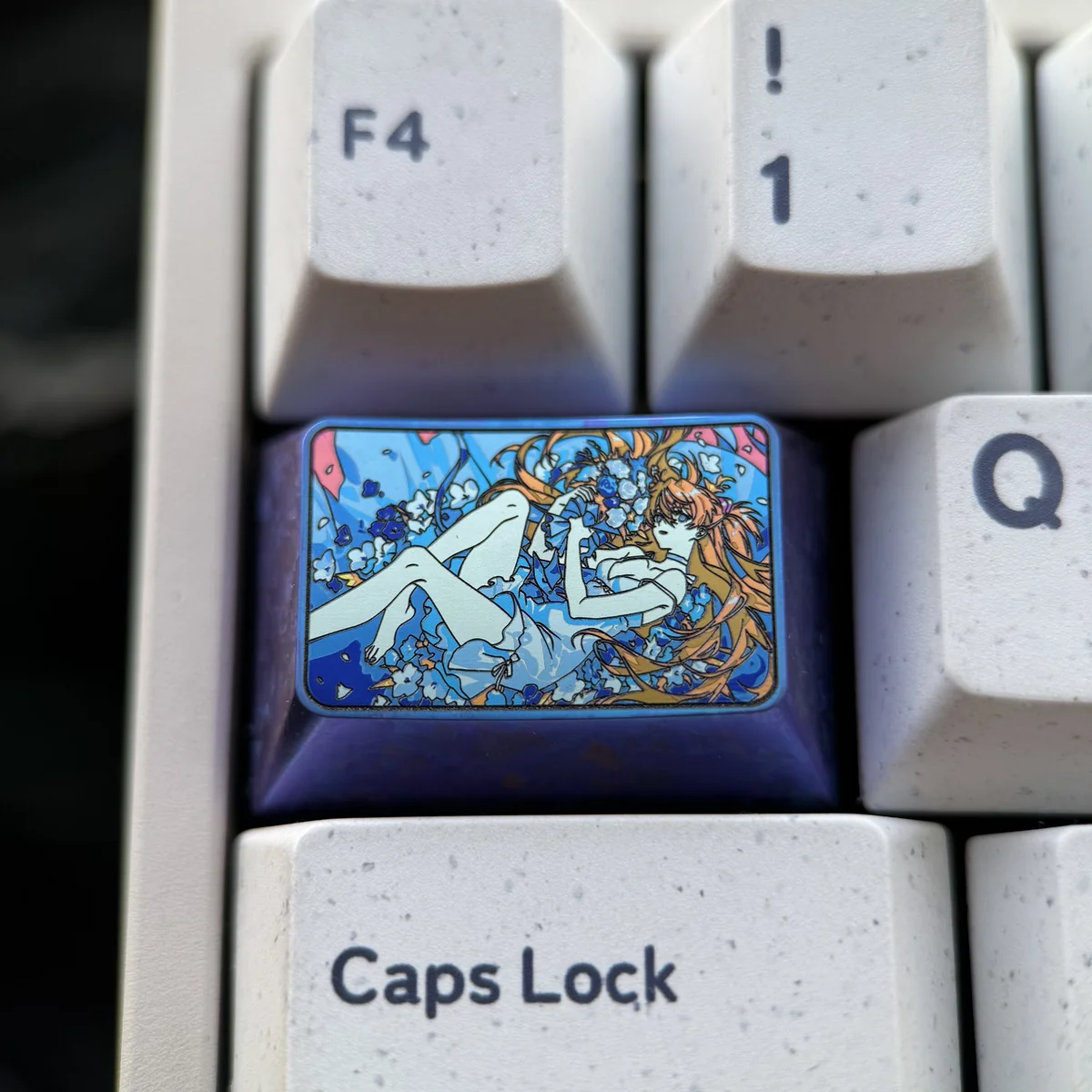 Close-up of Asuka Evangelion keycap vibrant design