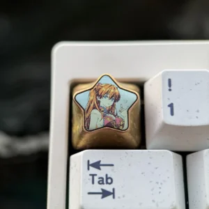 Asuka Langley Soryu titanium artisan keycap featuring a star design on a mechanical keyboard