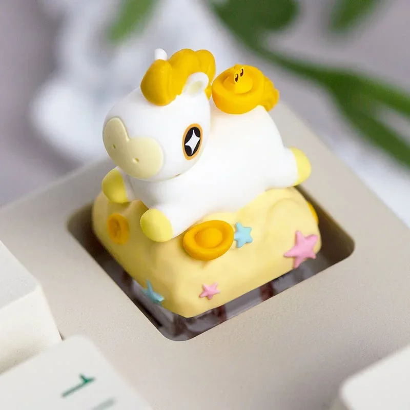 Lifestyle shot of Auspicious Fortune artisan keycap integrated into a desk setup with an illuminated keyboard