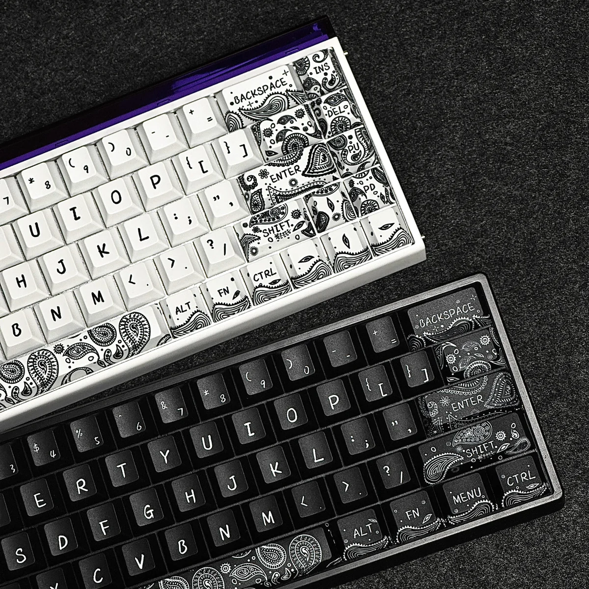 Black Paisley Keycap Set installed on a keyboard, demonstrating the elegant contrast of the patterns.