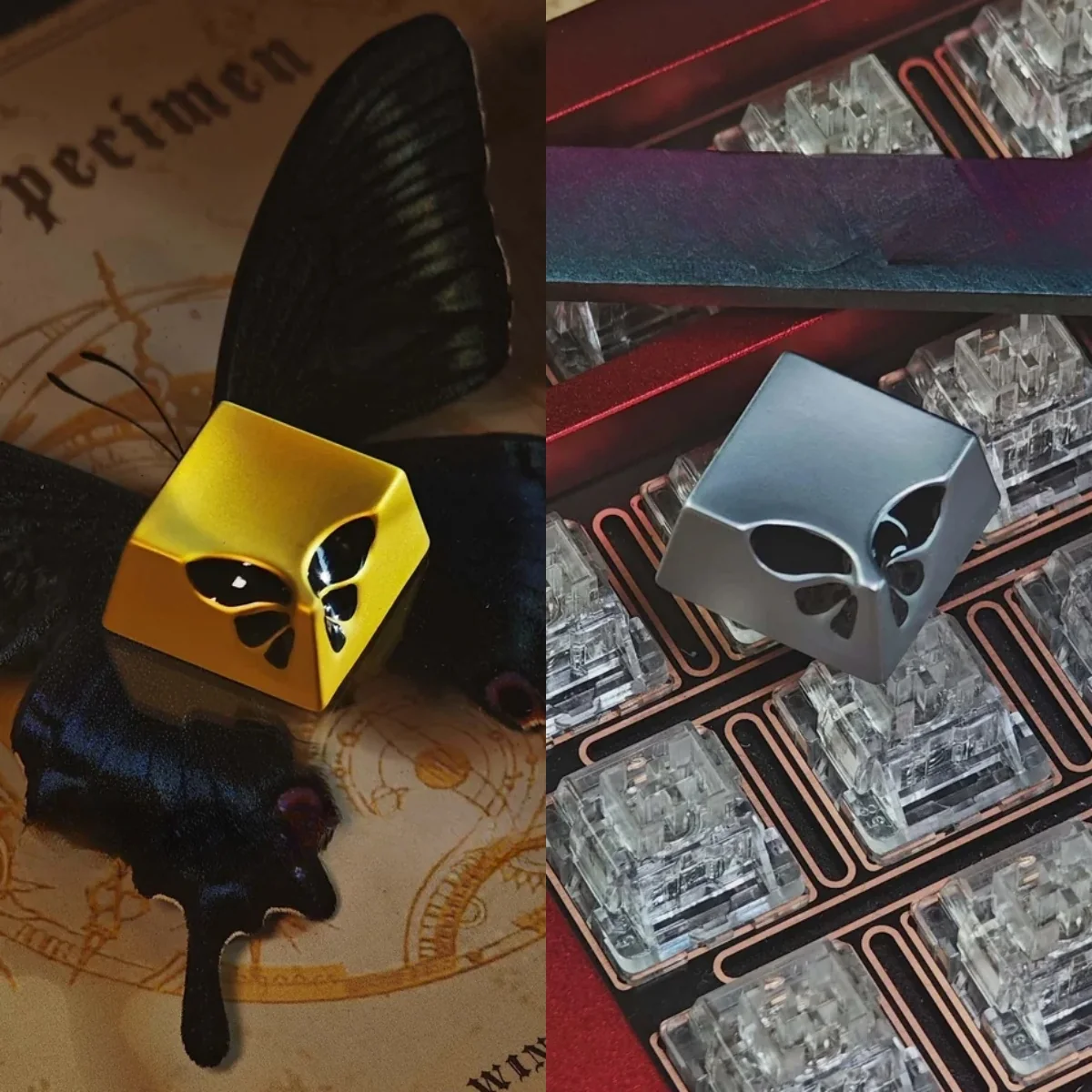 Elegant Black Gold Butterfly Metal Keycap on a dark mechanical keyboard