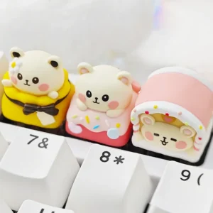 Handcrafted Candy Mouse artisan keycap with intricate candy house scene and vibrant backlighting on a mechanical keyboard