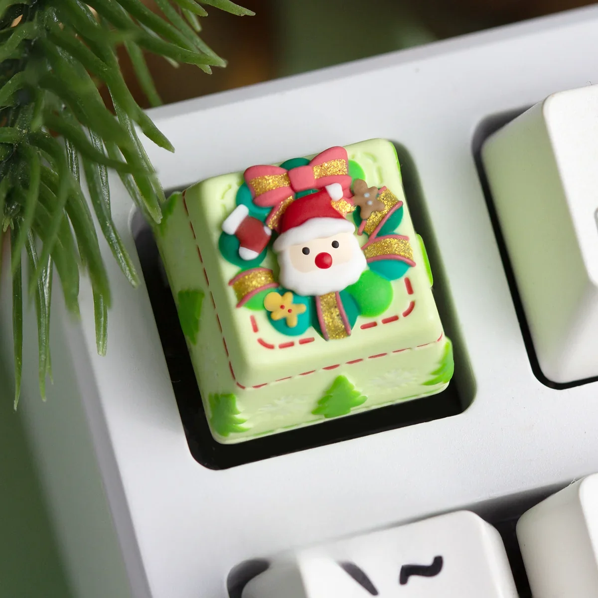 Close-up of resin Christmas keycap on mechanical keyboard