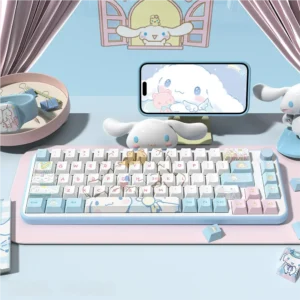Full Cinnamoroll PBT dye-sub keycap set on a white mechanical keyboard