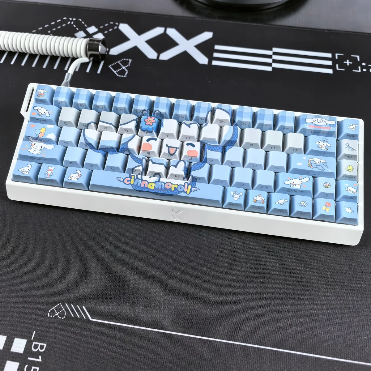 Close-up of side-printed translucent Cinnamoroll PBT keycaps