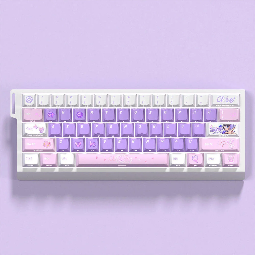 Close-up of side-lit PBT keycaps featuring Clove's character design