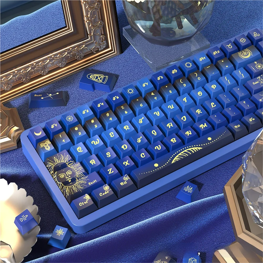 Close-up of Cosmic Fate keycaps, showing dye-sublimated legends and cosmic symbols