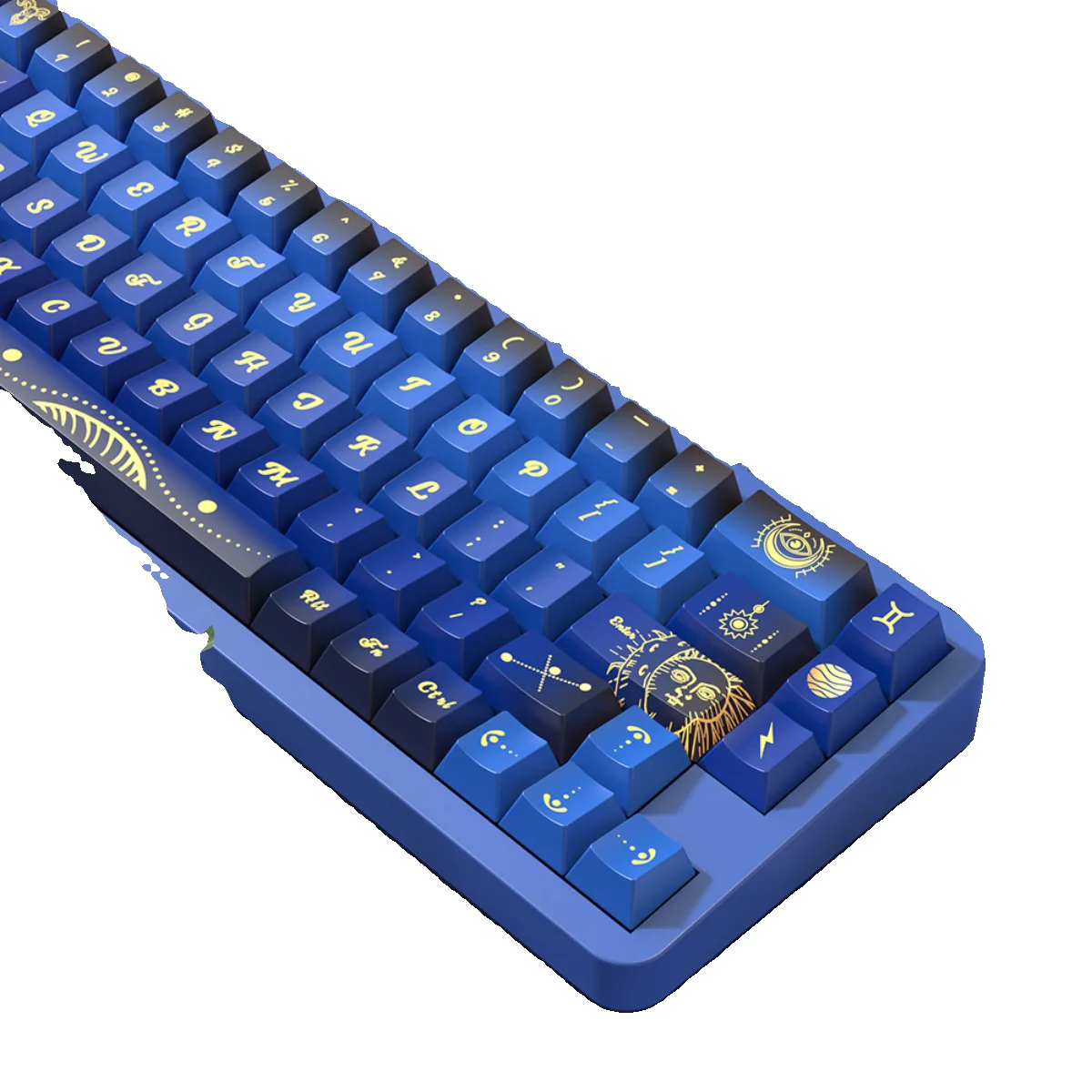 Mechanical keyboard with Cosmic Fate keycaps in a mystical themed setup