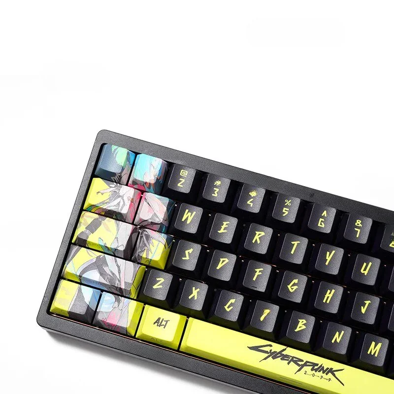 Full layout view of the PBT Cyberpunk keycap set showcasing side-engraved legends
