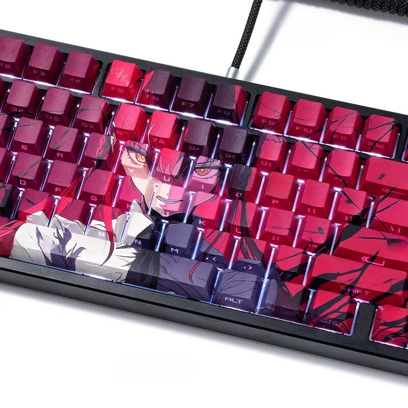Full layout view of the DARLING in the FRANXX Zero Two keycap set installed on a gaming keyboard.