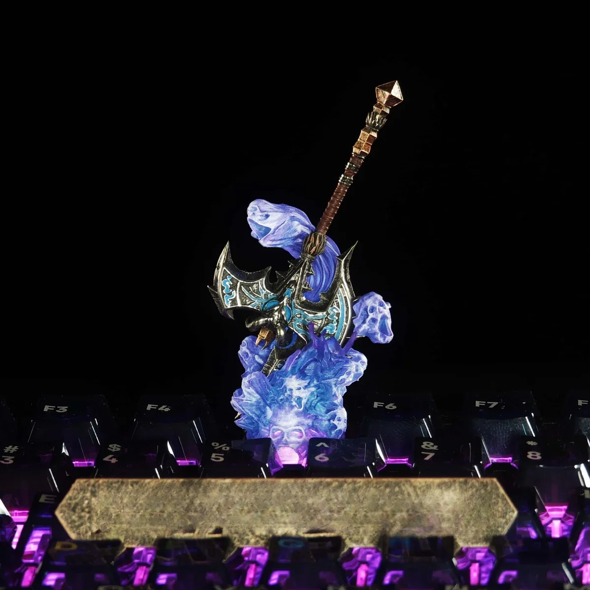 Close-up of detailed resin WoW Shadowmourne keycap
