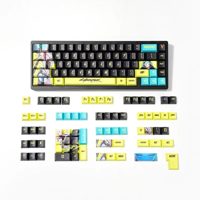 Overhead view of the Rebecca Cyberpunk keycaps displaying dystopian urban typography