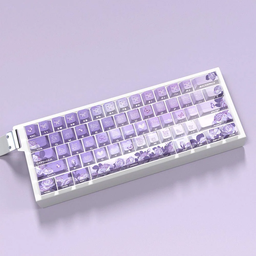 Close-up of Elegance Purple Rose Cherry Unique PBT side-lit highlighting handcrafted details and finish