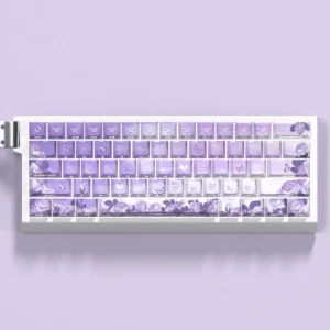 Elegance Purple Rose Cherry Unique PBT side-lit hero image featuring Elegance Purple Rose Cherry Keycap Set