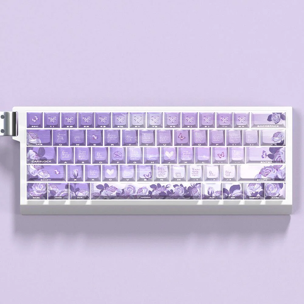 Elegance Purple Rose Cherry Unique PBT side-lit hero image featuring Elegance Purple Rose Cherry Keycap Set