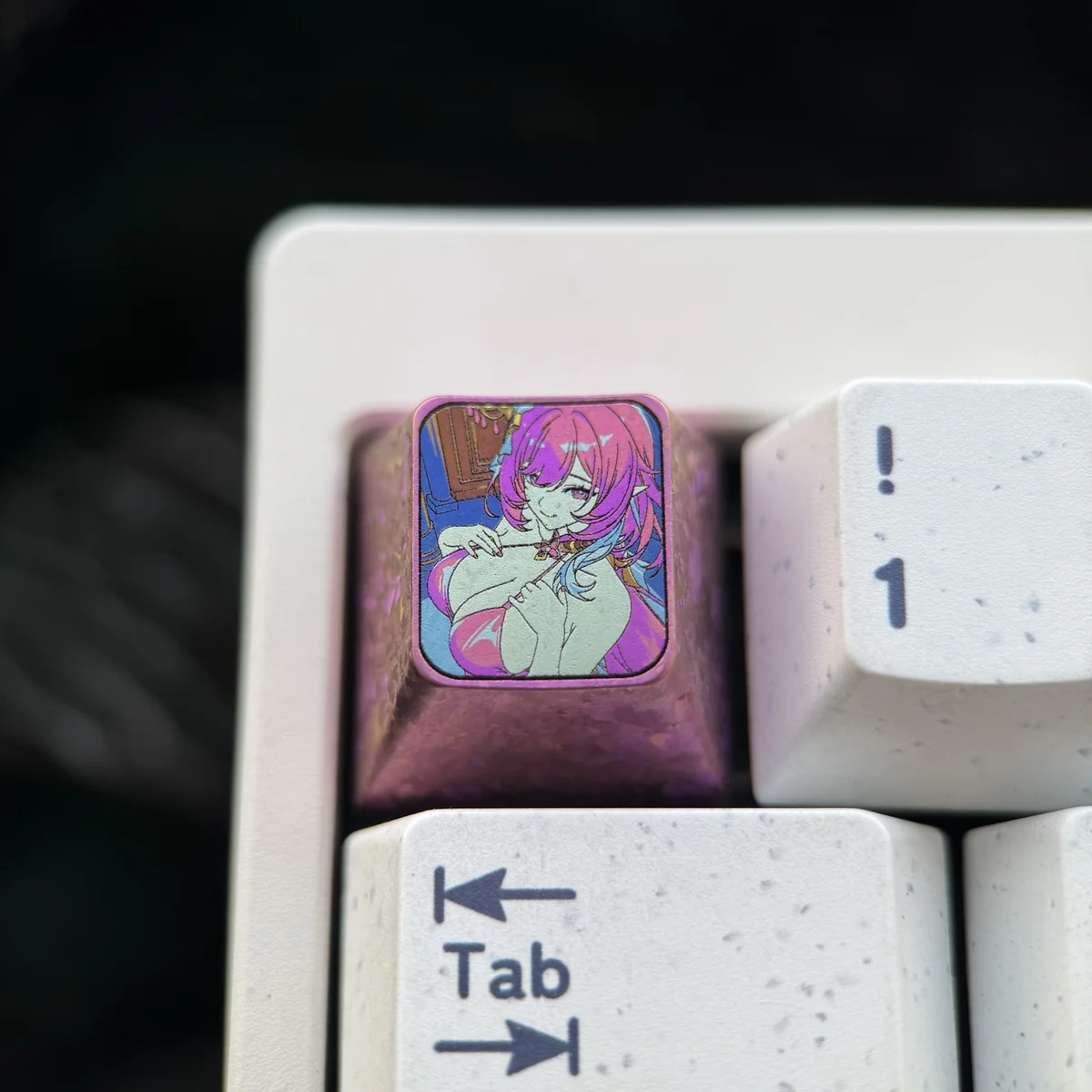 Elysia Honkai Impact 3rd titanium ESC keycap mounted on a mechanical keyboard, showcasing its elegant design.