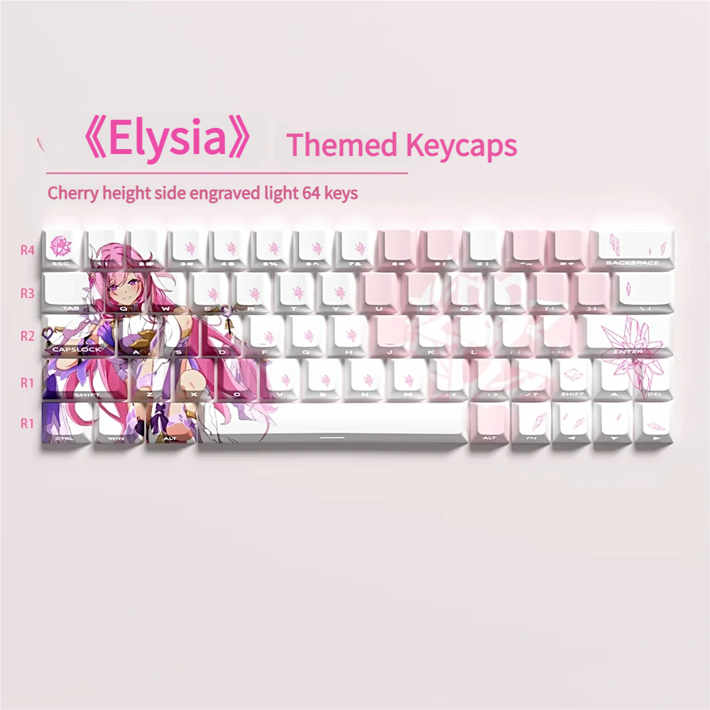 Keyboard with Elysia keycaps glowing in a dark environment