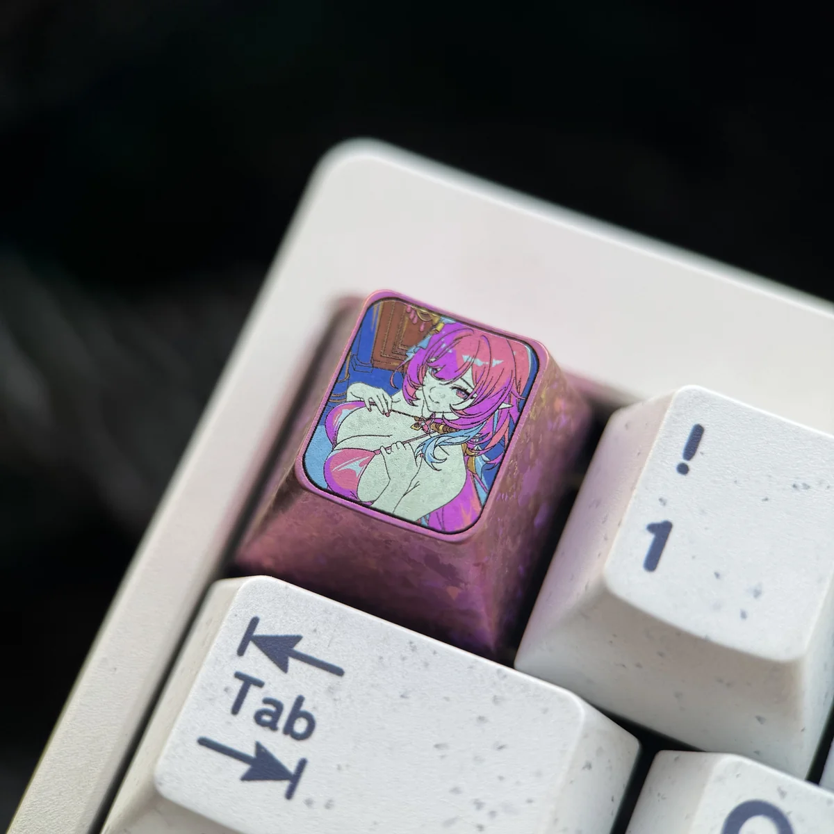 Gaming setup featuring the premium Elysia titanium ESC keycap, enhancing the keyboard's aesthetic.