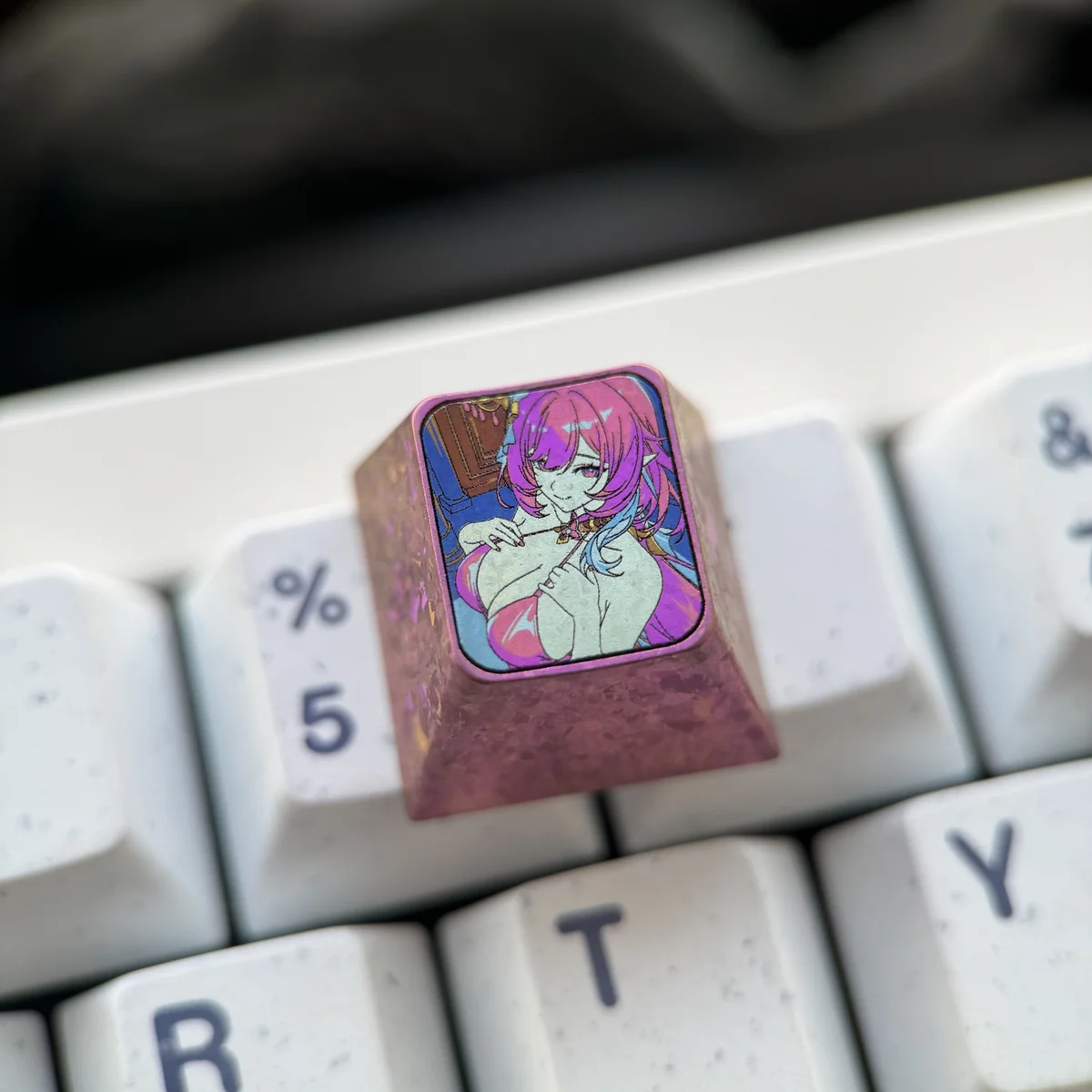 Side profile view of the Elysia titanium keycap, highlighting its OEM R1 height and robust construction.
