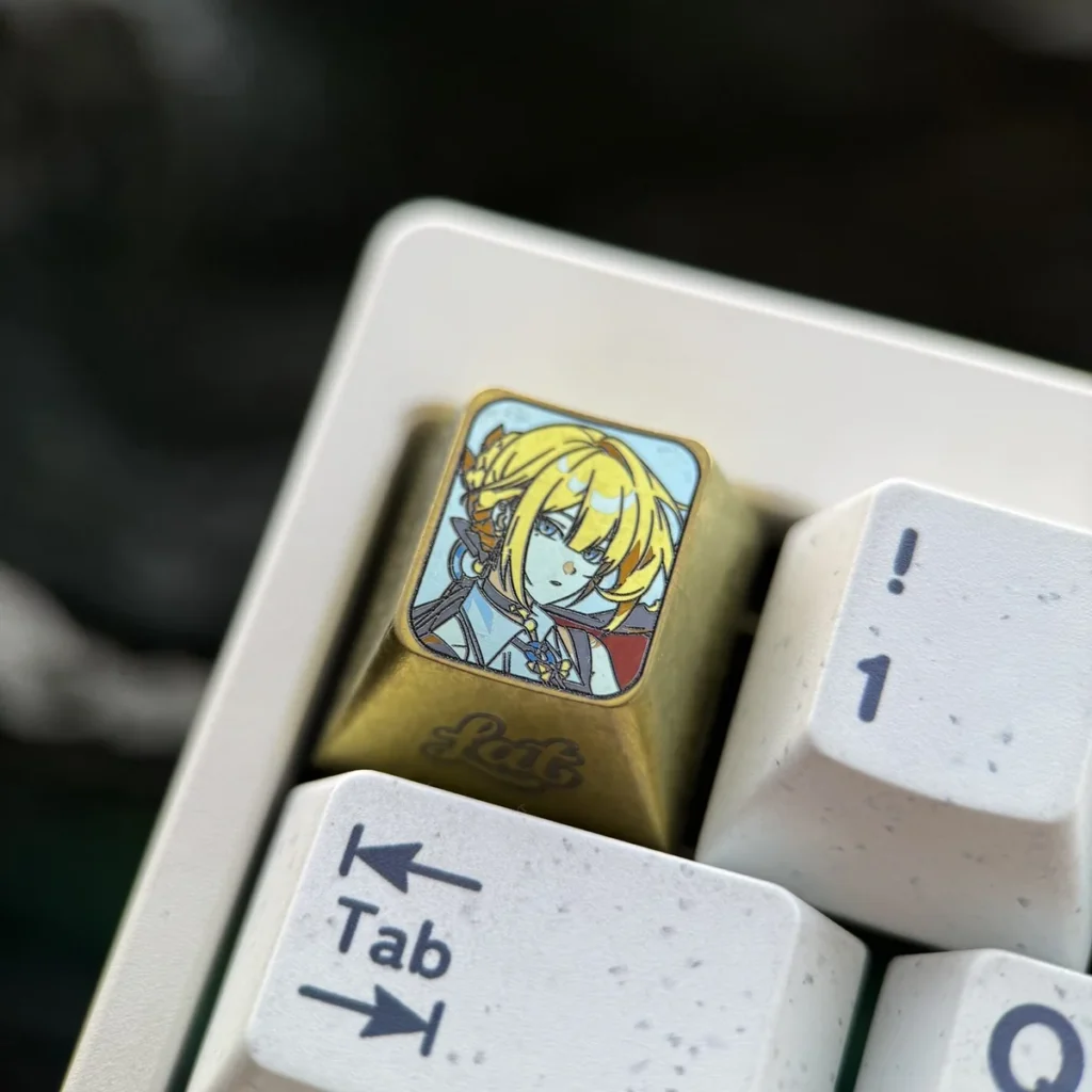 Close-up of Zenless Zone Zero Evelyn Chevalier Metal Keycap on Mechanical Keyboard