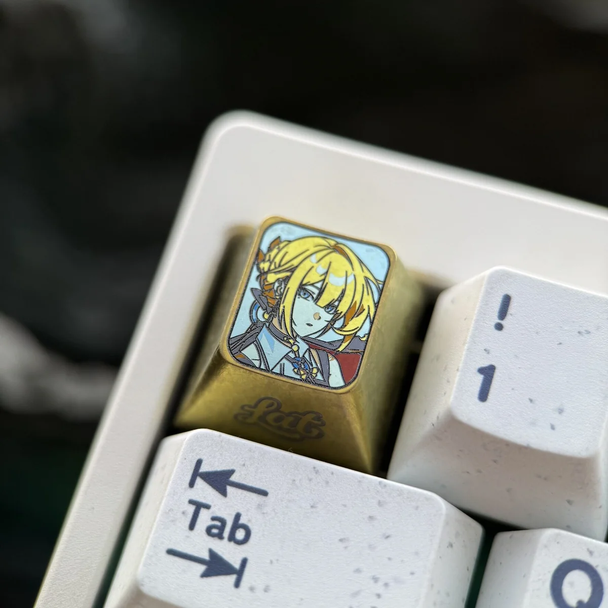 Close-up of Zenless Zone Zero Evelyn Chevalier Metal Keycap on Mechanical Keyboard