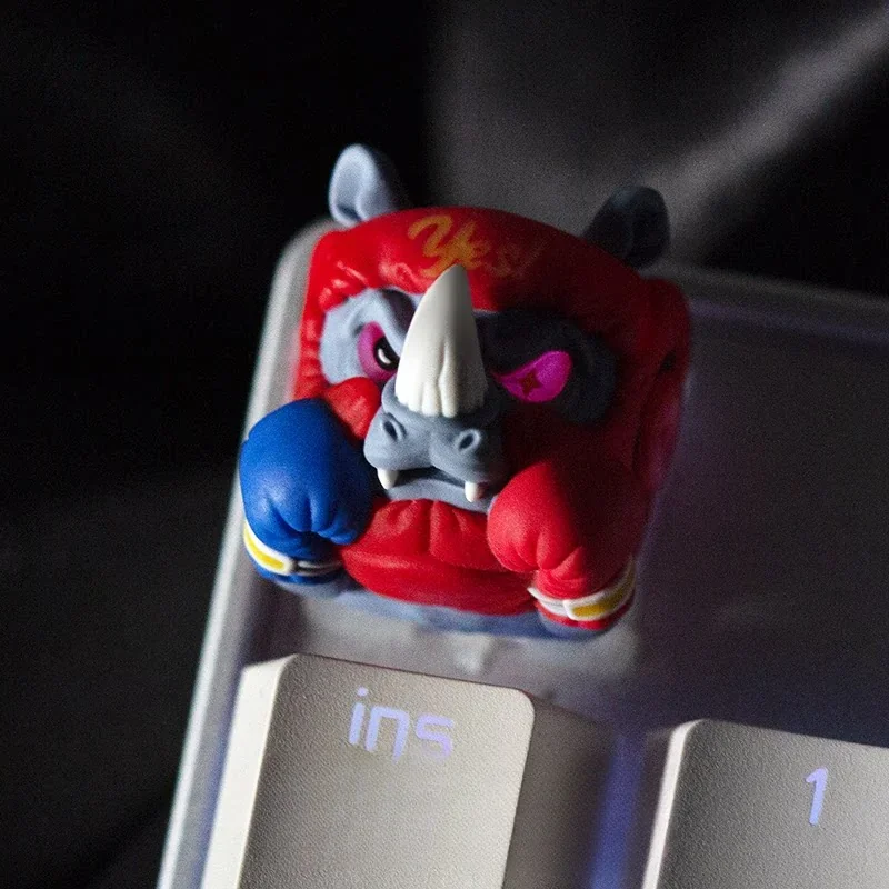 Fierce Boxer Rhino Keycap Unique Handcrafted installed on a mechanical keyboard setup